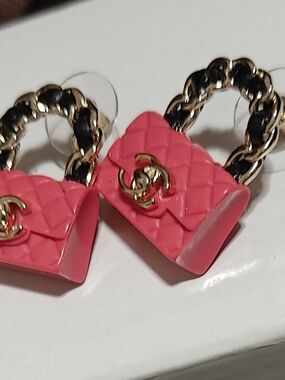 Costume Chanell Hot Pink Quilted Mini Bag Earrings with Gold Chain Handles